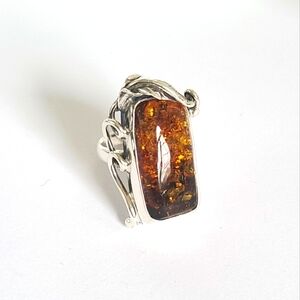 Vintage Sterling Silver Orange Baltic Amber Cabochon Boho Chunky Rectangle Ring